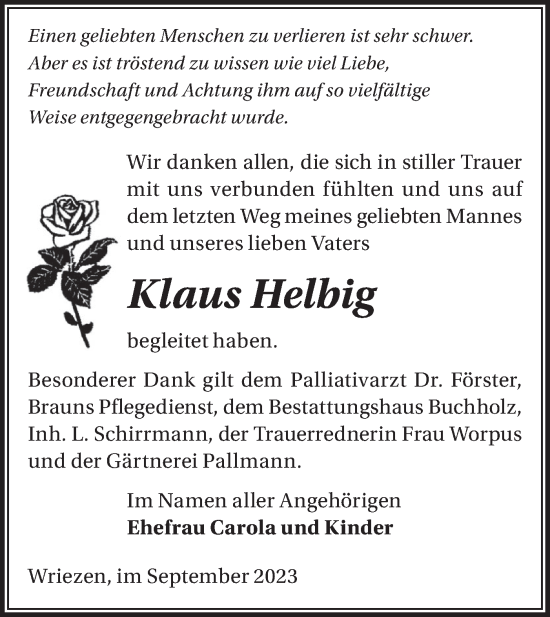 Traueranzeige von Klaus Helbig von Märkische Oderzeitung