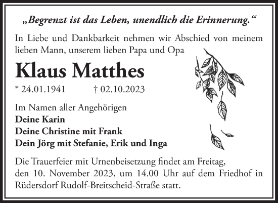 Traueranzeige von Klaus Matthes von Märkische Oderzeitung