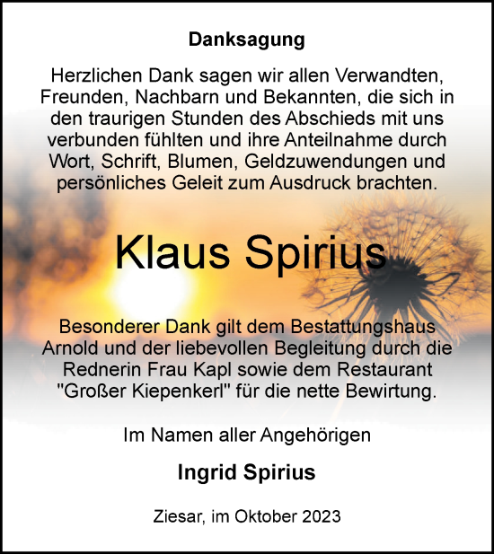 Traueranzeige von Klaus Spirius von Märkische Oderzeitung