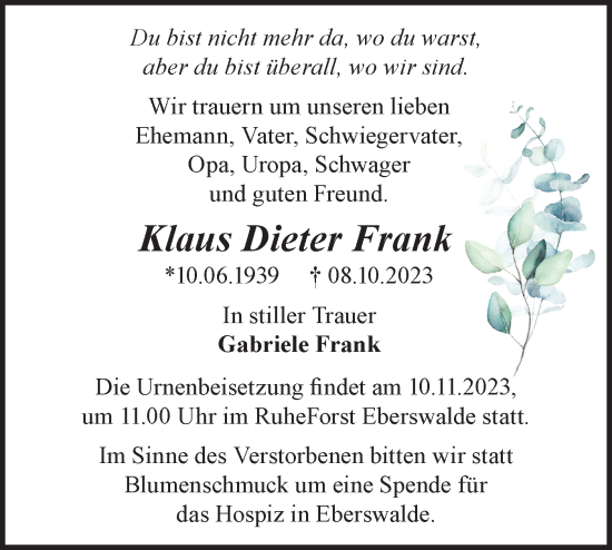 Traueranzeige von Klaus Dieter Frank von Märkische Oderzeitung