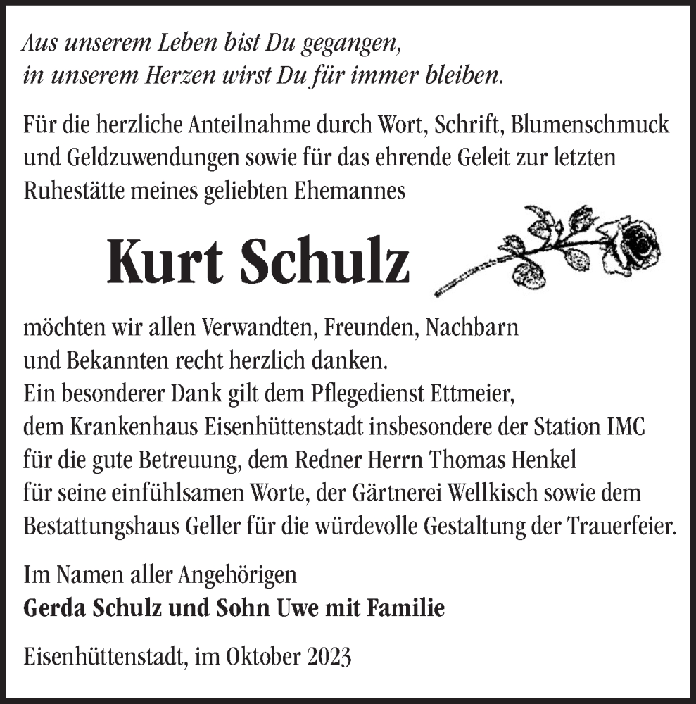  Traueranzeige für Kurt Schulz vom 21.10.2023 aus Märkische Oderzeitung