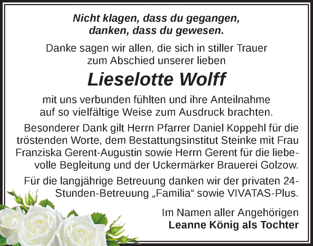 Traueranzeigen Von Lieselotte Wolff Märkische Onlinezeitung Trauerportal