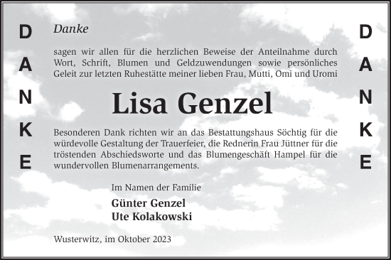 Traueranzeige von Lisa Genzel von Märkische Oderzeitung