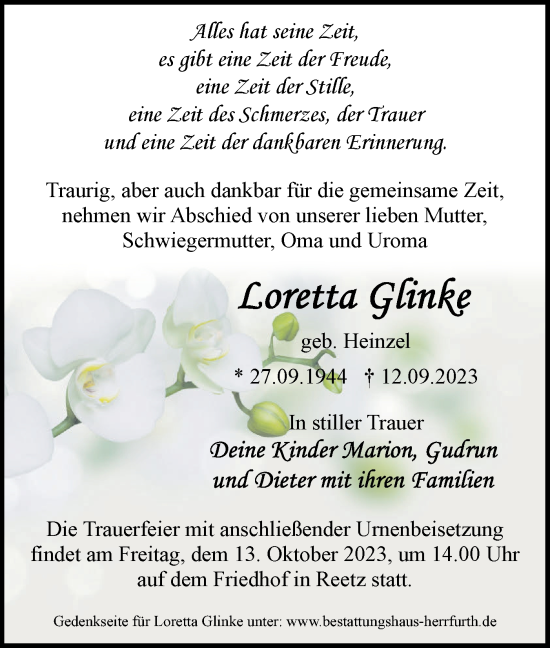 Traueranzeige von Loretta Glinke von Märkische Oderzeitung