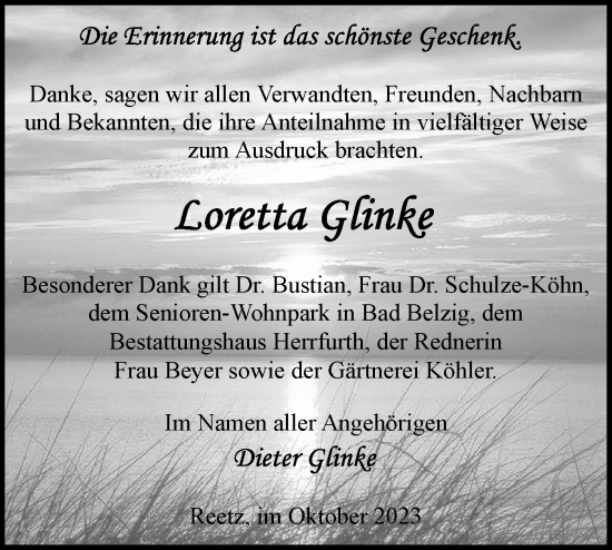 Traueranzeige von Loretta Glinke von Märkische Oderzeitung