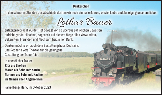 Traueranzeige von Lothar Bauer von Märkische Oderzeitung