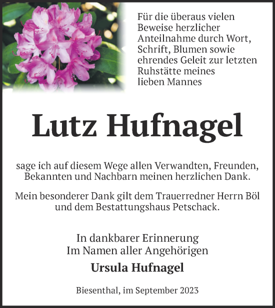 Traueranzeige von Lutz Hufnagel von Märkische Oderzeitung