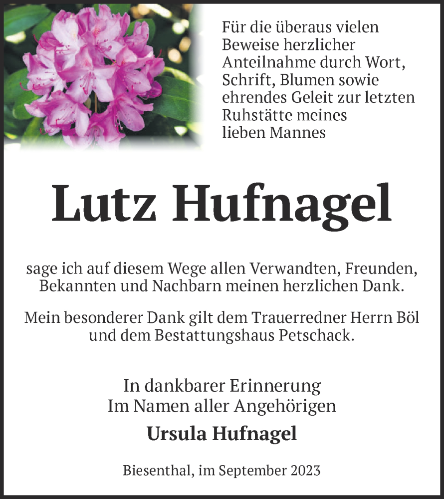  Traueranzeige für Lutz Hufnagel vom 07.10.2023 aus Märkische Oderzeitung