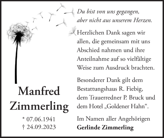 Traueranzeige von Manfred Zimmerling von Märkische Oderzeitung