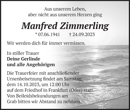 Traueranzeige von Manfred Zimmerling von Märkische Oderzeitung