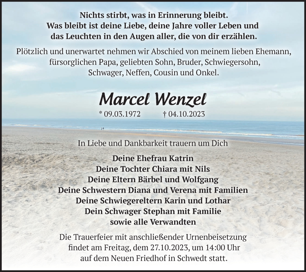  Traueranzeige für Marcel Wenzel vom 14.10.2023 aus Märkische Oderzeitung