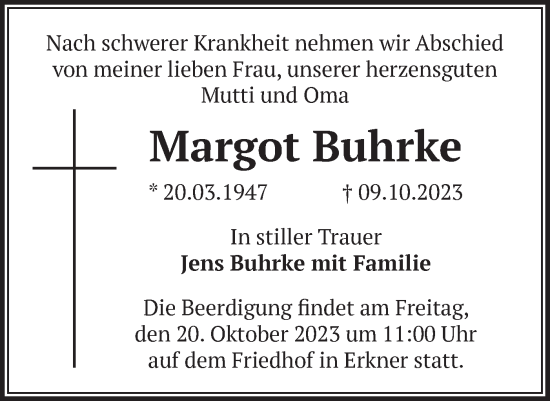 Traueranzeige von Margot Buhrke von Märkische Oderzeitung