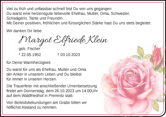 Traueranzeige von Margot  Klein von Märkische Oderzeitung