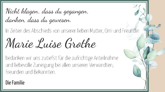 Traueranzeige von Marie Luise Grothe von Märkische Oderzeitung