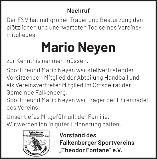 Traueranzeige von Mario Neyen von Märkische Oderzeitung