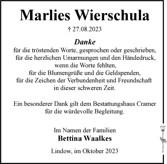 Traueranzeige von Marlies Wierschula von Märkische Oderzeitung