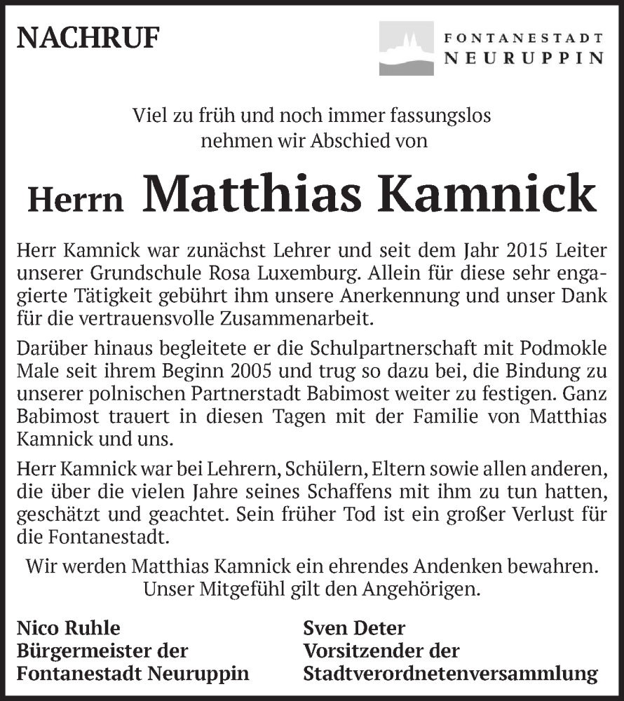  Traueranzeige für Matthias Kamnick vom 07.10.2023 aus Märkische Oderzeitung