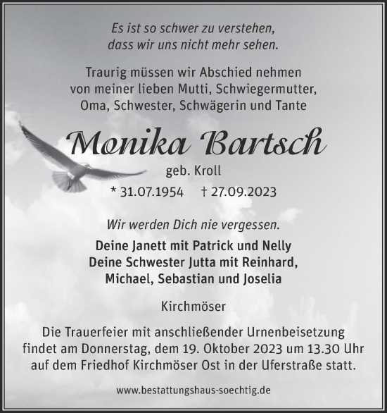 Traueranzeige von Monika Bartsch von Märkische Oderzeitung