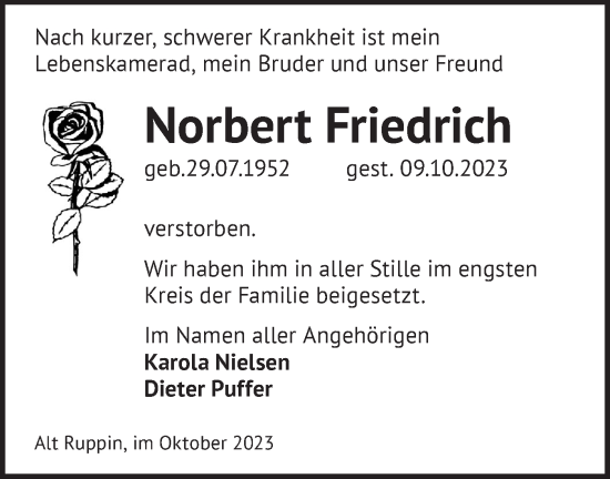 Traueranzeige von Norbert Friedrich von Märkische Oderzeitung