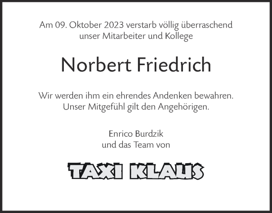 Traueranzeige von Norbert Friedrich von Märkische Oderzeitung