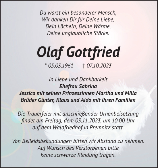 Traueranzeige von Olaf Gottfried von Märkische Oderzeitung