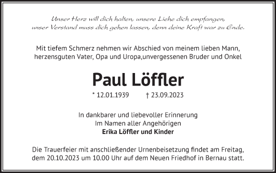 Traueranzeige von Paul Löffler von Märkische Oderzeitung