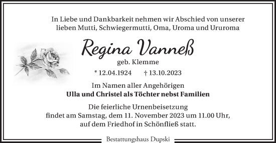 Traueranzeige von Regina Vanneß von Märkische Oderzeitung