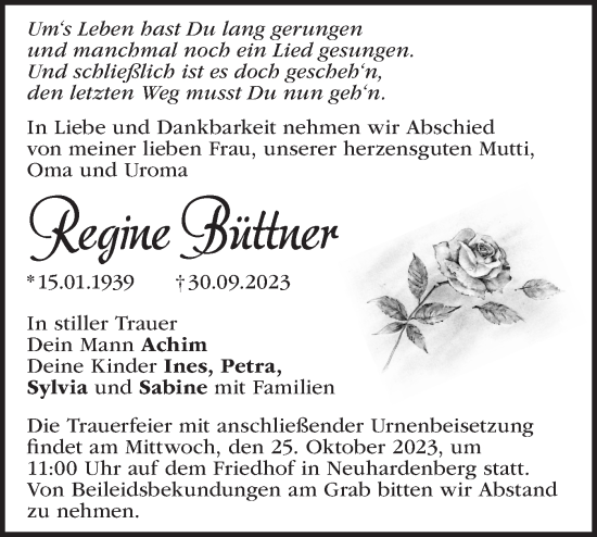 Traueranzeige von Regine Büttner von Märkische Oderzeitung