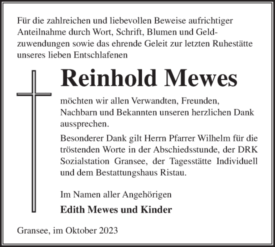 Traueranzeige von Reinhold Mewes von Märkische Oderzeitung