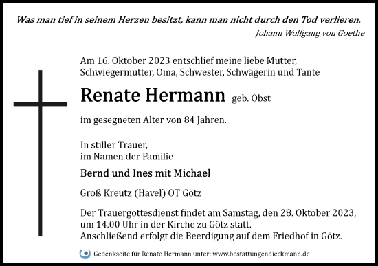 Traueranzeige von Renate Hermann von Märkische Oderzeitung