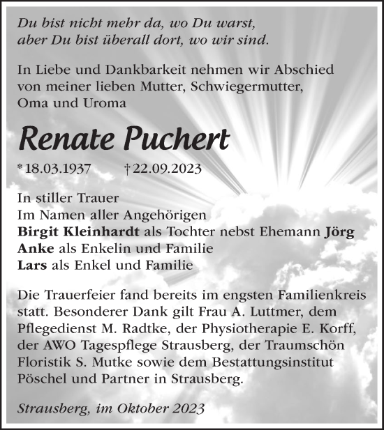 Traueranzeige von Renate Puchert von Märkische Oderzeitung