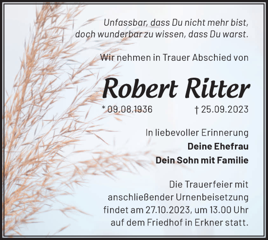 Traueranzeige von Robert Ritter von Märkische Oderzeitung