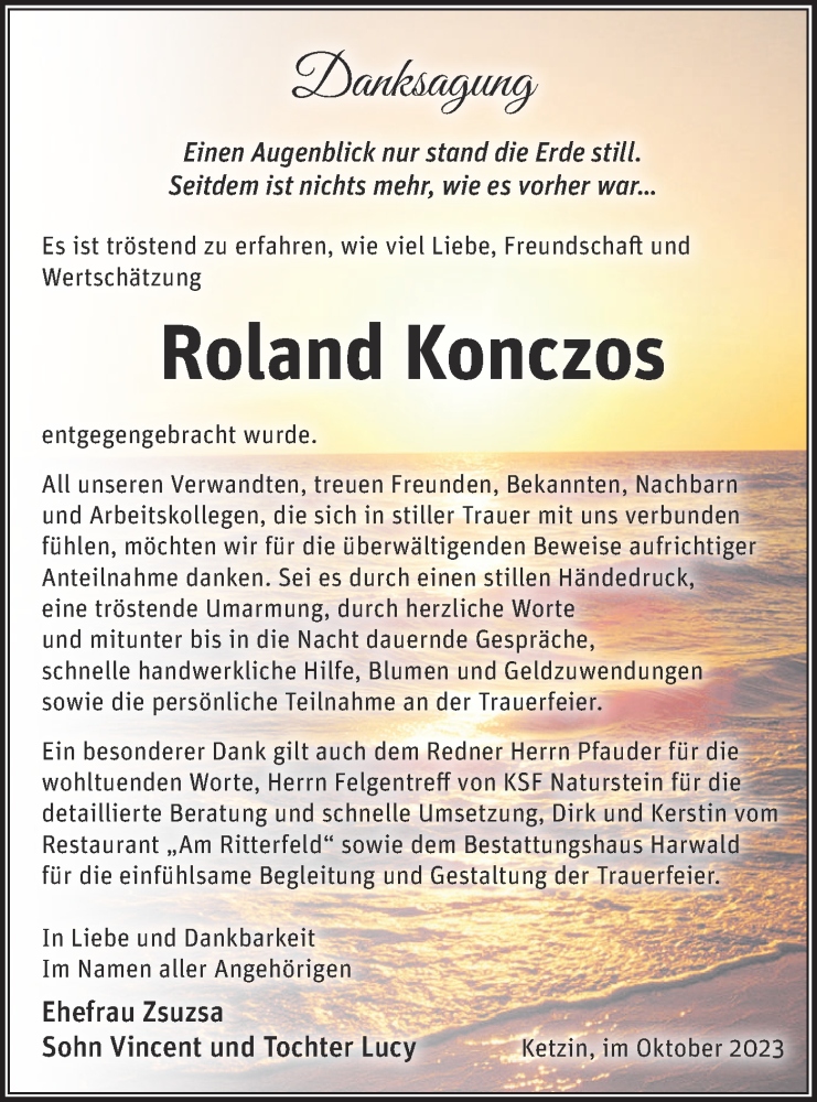  Traueranzeige für Roland Konczos vom 21.10.2023 aus Märkische Oderzeitung