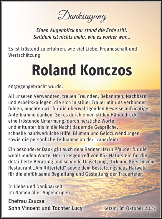 Traueranzeige von Roland Konczos von Märkische Oderzeitung