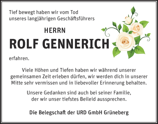 Traueranzeige von Rolf Gennerich von Märkische Oderzeitung