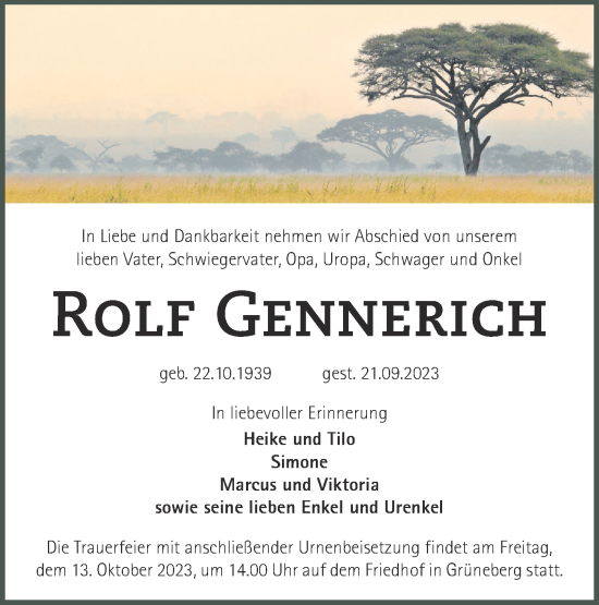 Traueranzeige von Rolf Gennerich von Märkische Oderzeitung