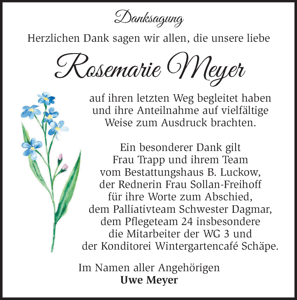 Traueranzeige für Rosemarie Meyer vom 17.10.2023 aus Märkische Oderzeitung