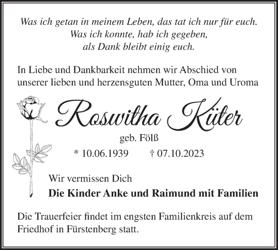 Traueranzeige von Roswitha Küter von Märkische Oderzeitung