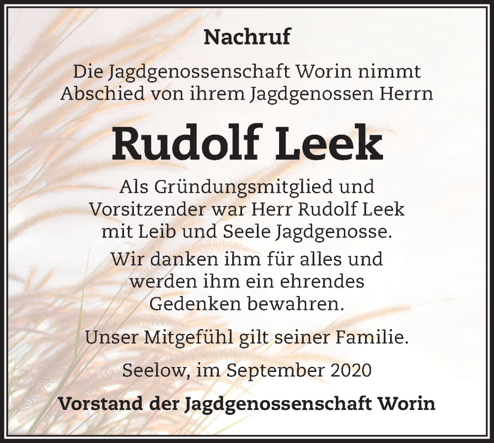 Traueranzeige für Rudolf Leek vom 21.10.2023 aus Märkische Oderzeitung