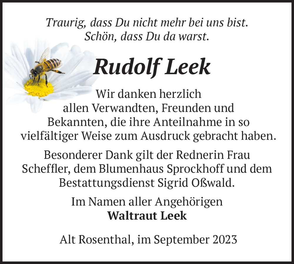  Traueranzeige für Rudolf Leek vom 14.10.2023 aus Märkische Oderzeitung