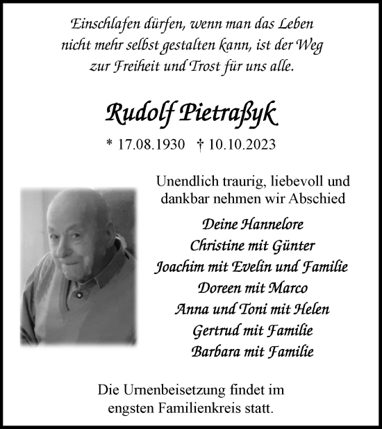 Traueranzeige von Rudolf Pietraßyk von Märkische Oderzeitung