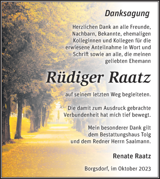 Traueranzeige von Rüdiger Raatz von Märkische Oderzeitung