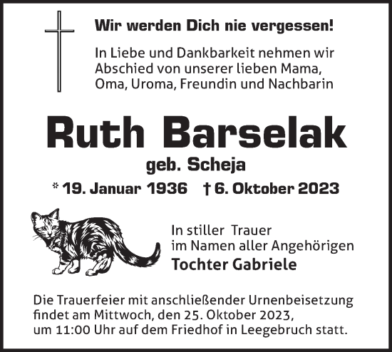 Traueranzeige von Ruth Barselak von Märkische Oderzeitung