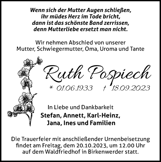 Traueranzeige von Ruth Pospiech von Märkische Oderzeitung