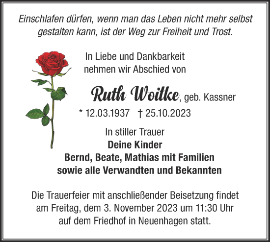 Traueranzeige von Ruth Woitke von Märkische Oderzeitung