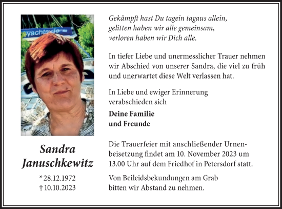 Traueranzeige von Sandra Januschkewitz von Märkische Oderzeitung