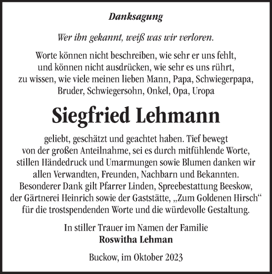 Traueranzeige von Siegfried Lehmann von Märkische Oderzeitung