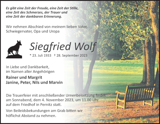 Traueranzeige von Siegfried Wolf von Märkische Oderzeitung