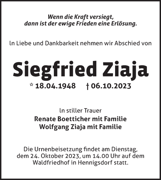 Traueranzeige von Siegfried Ziaja von Märkische Oderzeitung