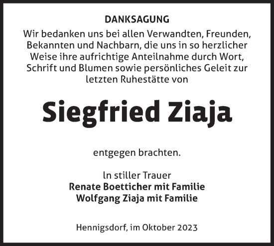 Traueranzeige von Siegfried Ziaja von Märkische Oderzeitung